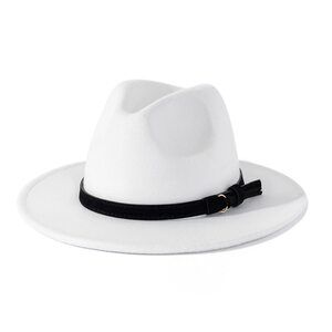 2199 & Vintage Wide Brim Fedora Hat with Belt Buckle Black Belt-White